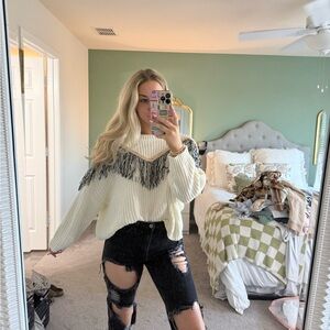 Women's Cream Sweater with Fringe Detail